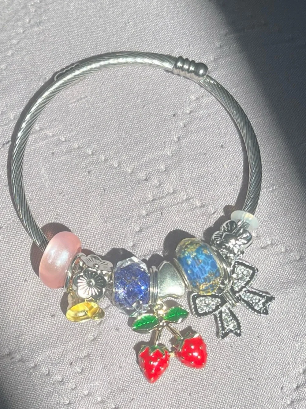 Kids Silver Charm Bracelet with Pink, Blue & Red Strawberry Charms